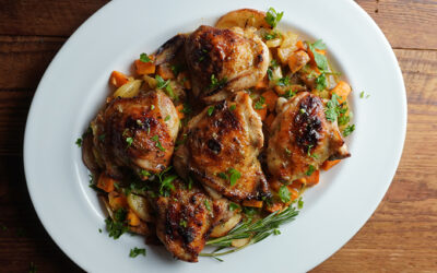 Maple-Mustard Roast Chicken with Apples and Sweet Potatoes